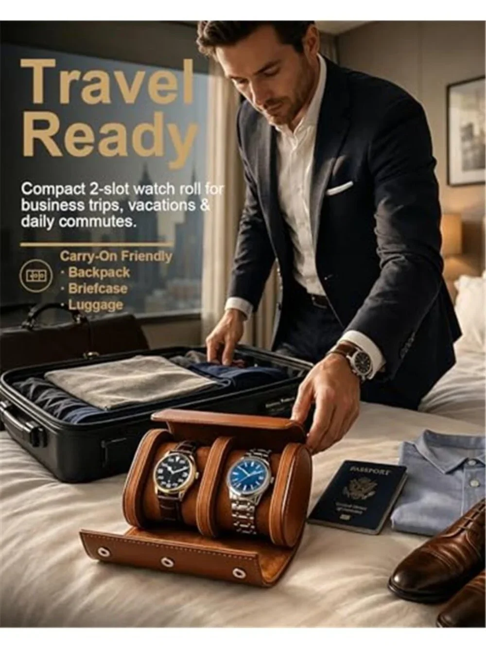 Watch Travel Case for Men: Watch Roll Box 2-Slot with Removable Pillows
